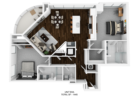 Floor plan for 2 beds, 2.5 baths, 1445 sqft